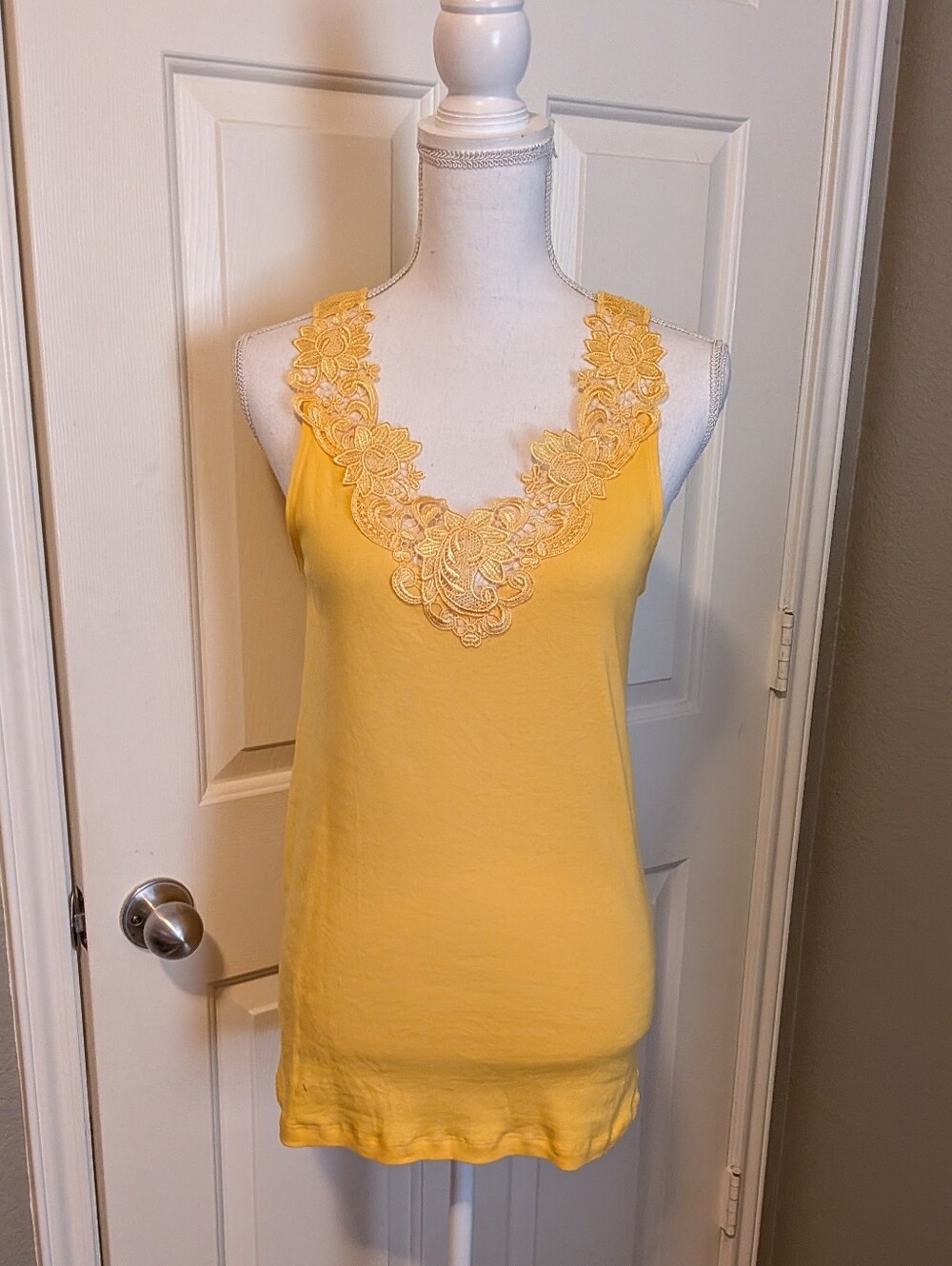 Yellow Floral Lace-Trim Tank Top